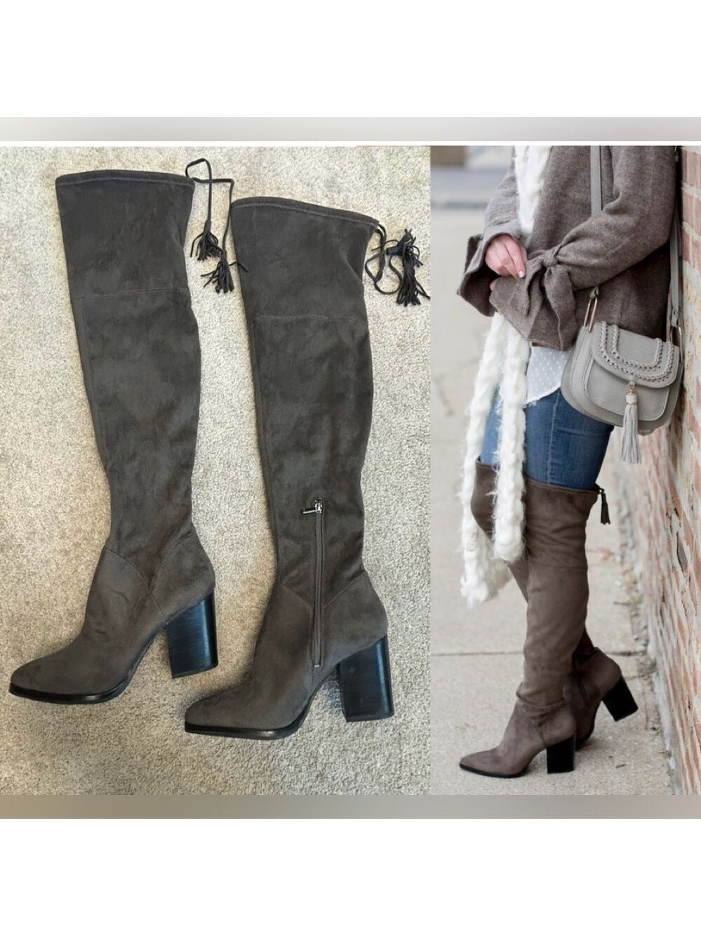 Marc Fisher gray faux suede knee-high over the knee tassel boots chunky heel 9